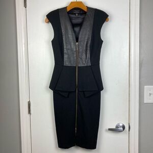 Ted Baker Rieta Black Leather Peplum Cap Sleeves Midi Dress Padded Shoulder US 4